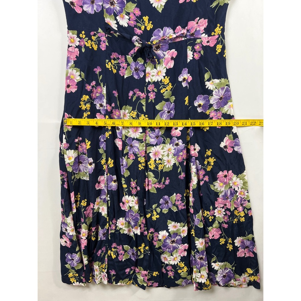 Vintage Erika Floral Midi Dress Womens Large Navy Blue V-Neck Short Sleeve - Picture 9 of 13